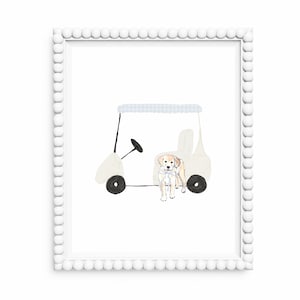Żółty Labrador Golf Art | Golf Dog Art | Sztuka ścienna do pokoju dziecięcego Golf | Dekoracja w kolorze niebieskim Gingham | Do druku