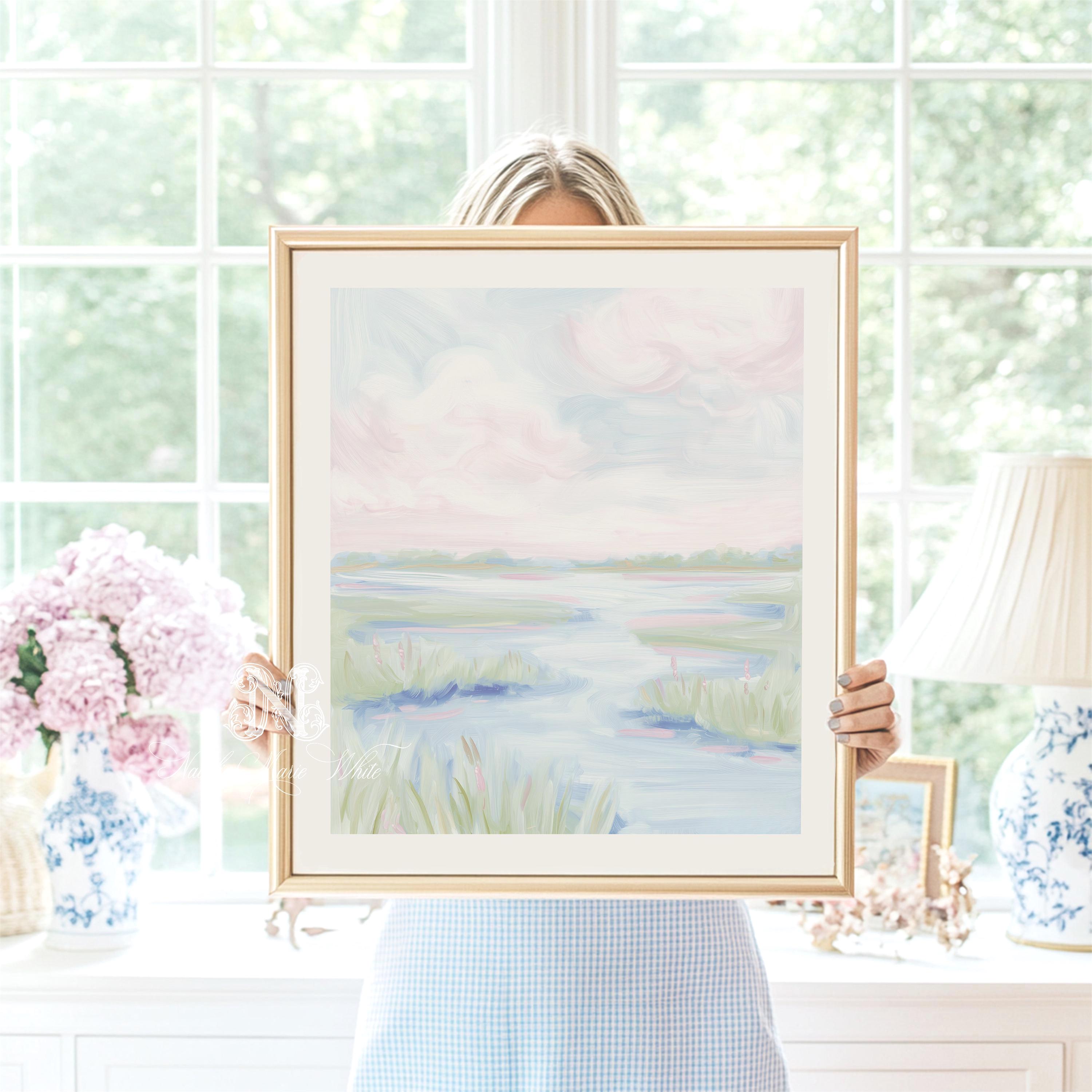 Pastel Coastal Meadow Landscape Painting: Preppy Wall Art, Grand ...