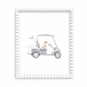 Golden Retriever Golf Cart Watercolor Print: Nursery Wall Art (Digital Download)