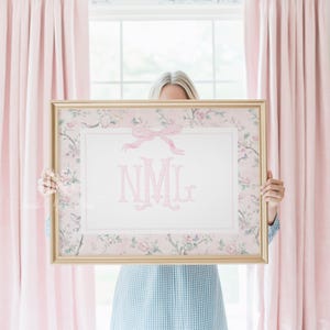 Pink Chinoiserie Nursery Monogram Art | Pink Floral Nursery Wall Art Grandmillenial | Butterflies and Birds Chinoiserie Art