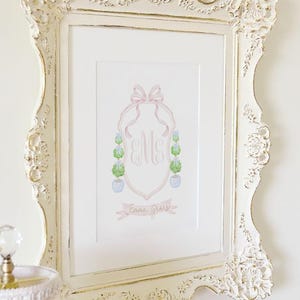 Grandmillennial Monogram Crest Girl | Pink Nursery Wall Art | Printable | Chinoiserie Nursery Decor
