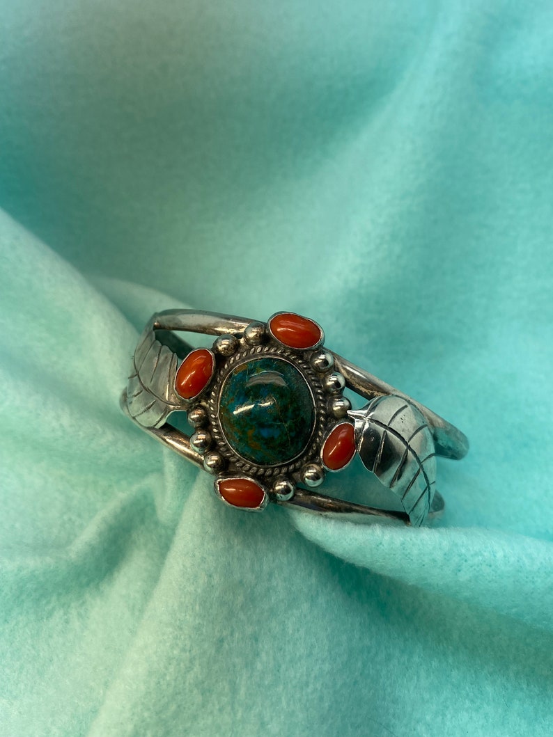 Navajo shops Native American Sterling Silver Turquoise Coral Cuff Bracelet 26.7g