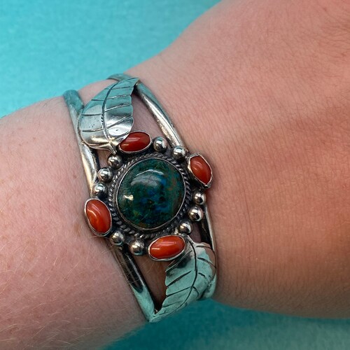 Navajo shops Native American Sterling Silver Turquoise Coral Cuff Bracelet 26.7g