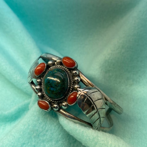 Navajo shops Native American Sterling Silver Turquoise Coral Cuff Bracelet 26.7g
