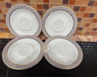 Juego de 4 platillos Pyrex vintage ~Vidrio lechoso ~Gris paloma y dorado ~Platos Pyrex vintage~