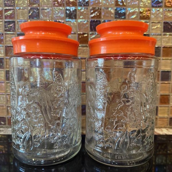 Vintage Anchor Hocking Tang Lilly of the Valley Cannisters ~ Set of 2 ~ Anchor Hocking ~ Glass Jar ~ Tang ~ Sight Cracking on One Orange Lid