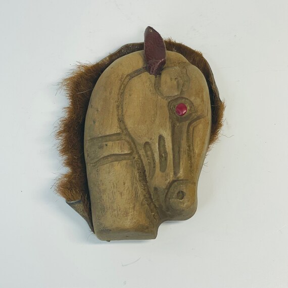 Vintage Handmade HORSE wood and leather Pin Brooch