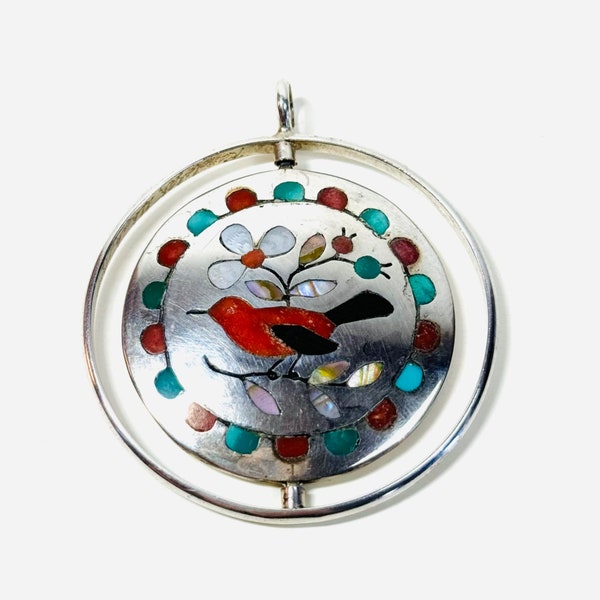Zuni Spinner Pendant Signed Randolph Ghahate Turquoise Coral Mother of Pearl