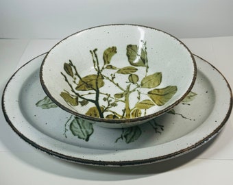 Vtg Midwinter Stonehenge Green Leaves Serving Platter and Vegetable/Serving Bowl
