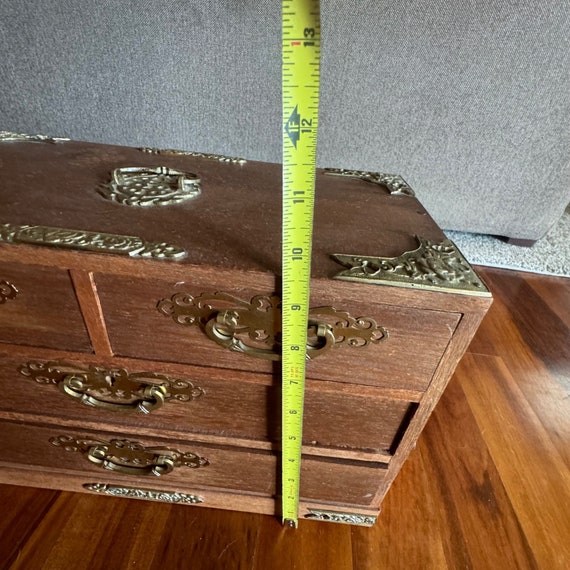 Vintage Jewelry Chest Box Wood Brass Large Heavy … - image 8