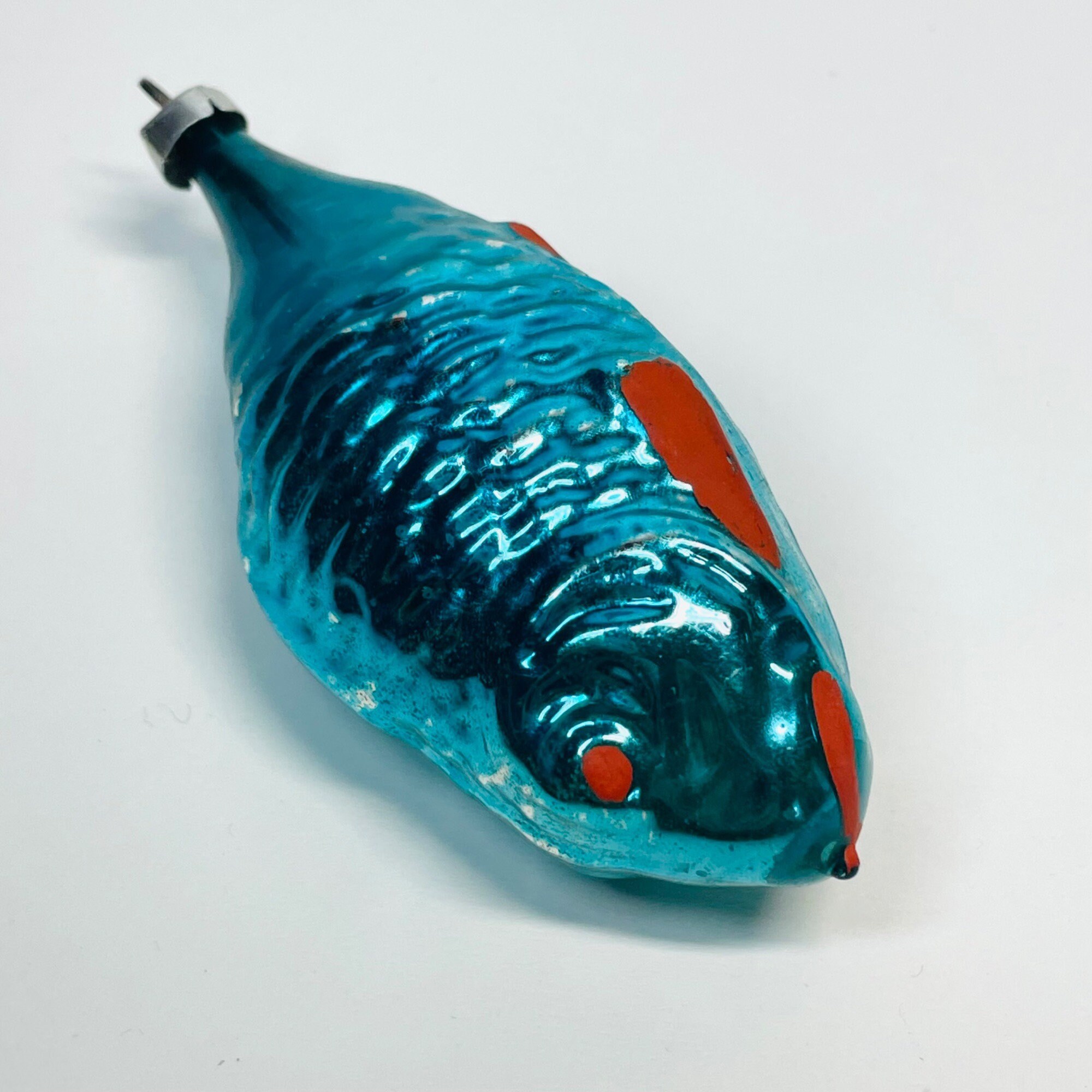 Image showcasing Vintage/antique Mercury Glass Fish Ornament Marked Germany Blue Red ...
