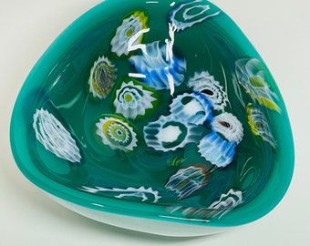 Vintage Murano Cased Glass Bowl Green Millefiori