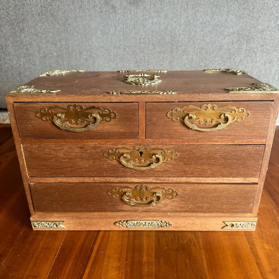Vintage Jewelry Chest Box Wood Brass Large Heavy … - image 1