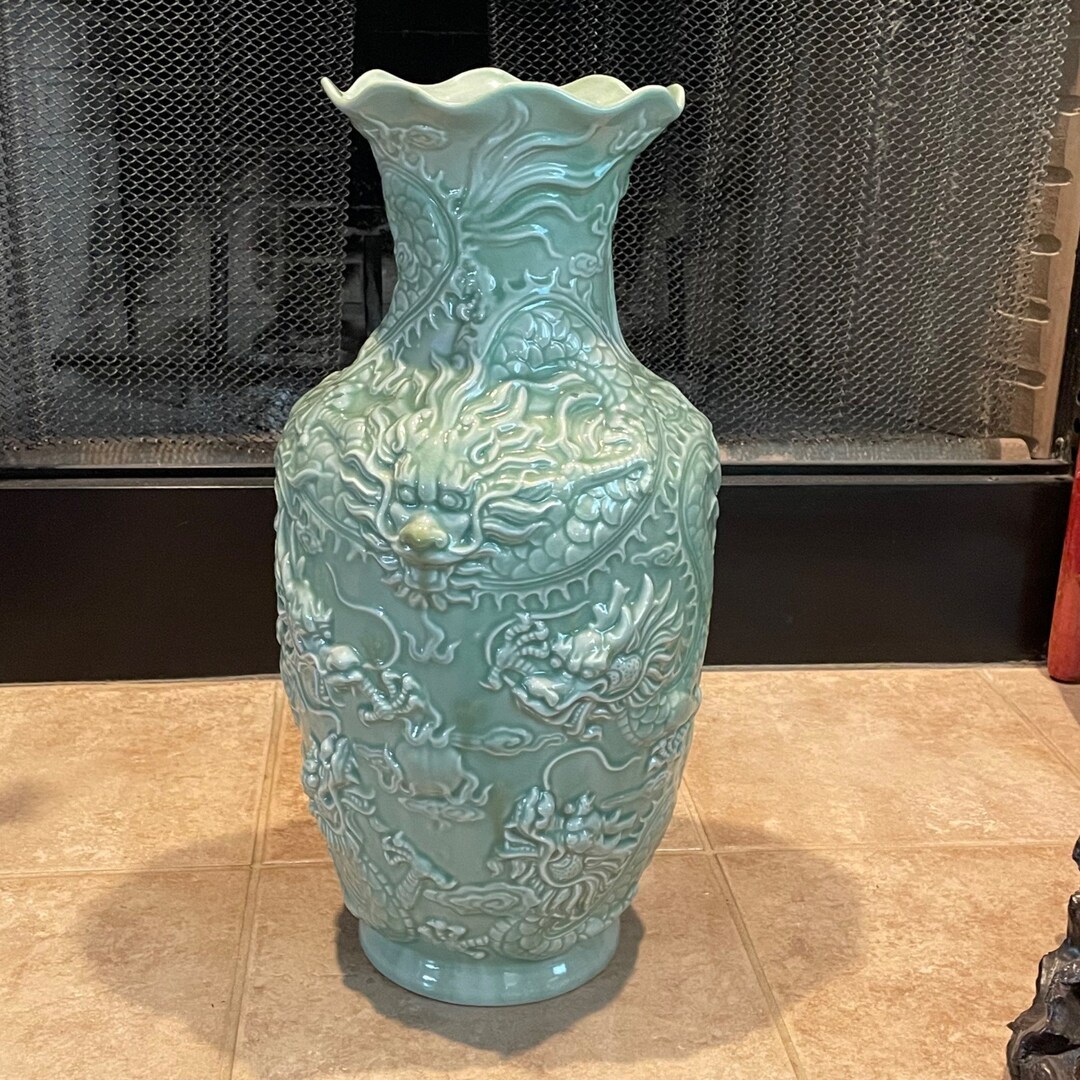 Vintage Celadon Green LARGE Asian Floor Vase Very Ornate Dragons Etsy