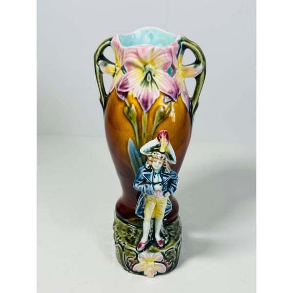 Vintage French Majolica Vase Flower Handled