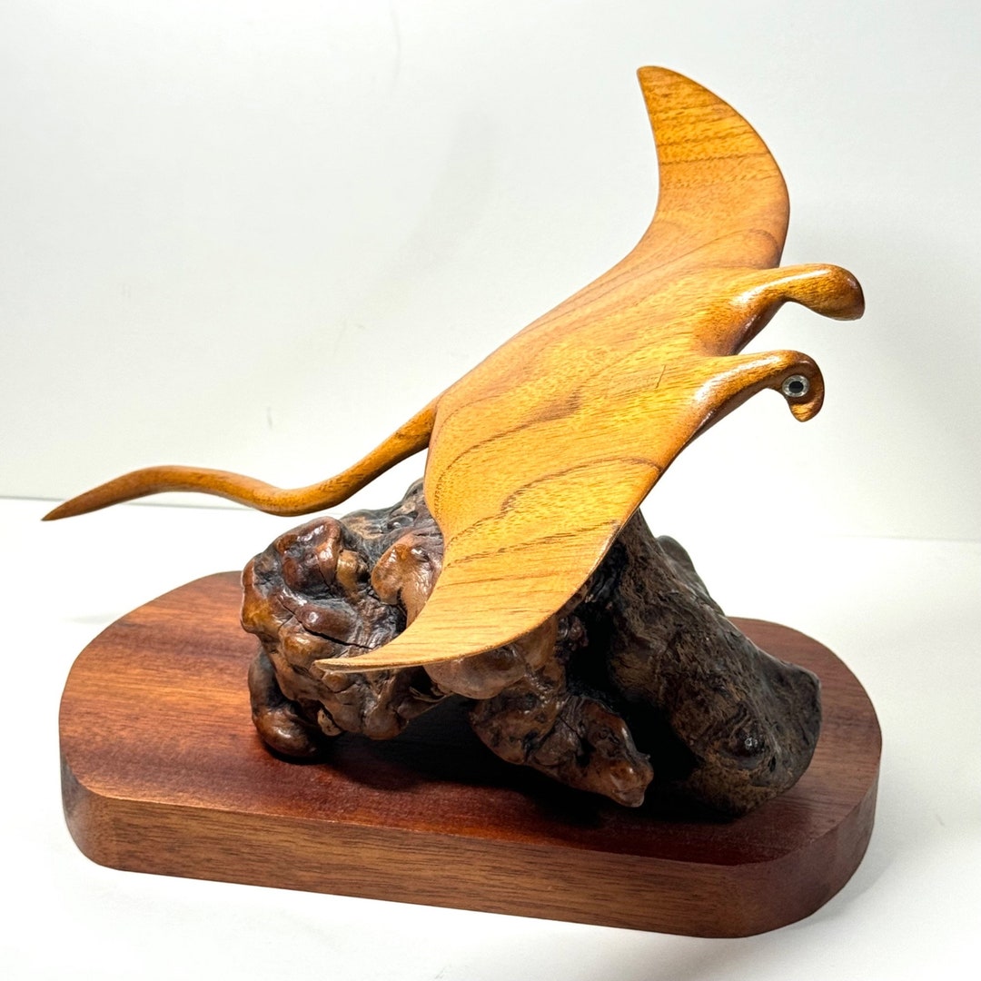 Vintage Hand-carved Manta Ray Wood Sculpture on Base - Etsy