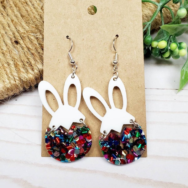 Easter earrings, Bunny earrings, Acrylic earrings, earrings, jewelry, gifts for her, modern earrings, sparkle earrings, glitter earrings