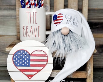 Patriotic gnome, 4th of July gnome, patriotic decor, patriotic tiered tray sign, American flag sign. USA sign, heart flag sign
