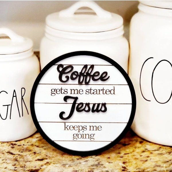 Jesus gets me started coffee keeps me going sign, coffee bar decor, small wood sign, tiered tray kitchen decor, round shiplap coffee decor