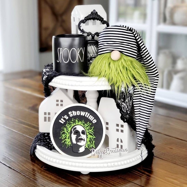 Beetlejuice gnome, Beetlejuice tiered tray sign, Halloween decor, coffee bar, green gnome,  spooky tray decorations, farmhouse sign