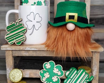 Leprechaun gnome, Saint Patrick's day gnome, Saint Patty's, green gnome, target gumball fillers, four leaf clover wood cutouts, shamrocks