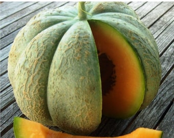 Puede incluir: Un melón cantalupo verde con pulpa de color naranja claro está cortado, revelando el interior. También se muestra una rebanada de melón sobre una superficie de madera.