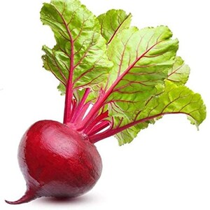 May include: A vibrant, fresh beet with a deep red bulb and bright green leaves with red veins. The beet is shown against a white background, highlighting its natural colors and textures. The leaves are ruffled and full.