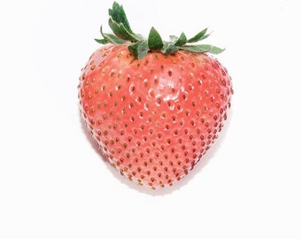May include: A single, ripe strawberry with a bright red color and a green leafy top. The strawberry has a heart shape and is covered in small seeds.