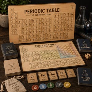 May include: A wooden board game titled Periodic Table The Elements Game featuring a large vertical board, a flat game board, decks of cards labelled Element Challenge, Lab Equipment, and Action Card, wooden element tiles, a die, and a drawstring bag.