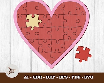 24 Piece Puzzle Heart Template - Digital Laser Cut Template Wood, Acrylic Leather. Glowforge ai, cdr, dxf, eps, pdf and svg. Epilog & Trotec