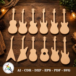 Puede incluir: Una colección de doce recortes de madera de color claro con forma de guitarra dispuestos en dos filas. El conjunto incluye varias formas de guitarras eléctricas y acústicas, cada una con clavijero, mástil y cuerpo, hechos de madera plana sin acabado.