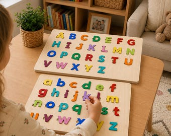 Drewniana układanka alfabetyczna z wycinanym laserowo plikiem, szablon zabawki edukacyjnej Montessori (SVG, DXF, PDF)