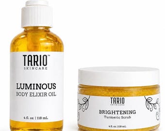 Turmeric Body Scrub & Luminous Body Oil Bundle | Spa Self Care Gift Set | Sugar Scrub and Body Oil Duo | Glowing Skin Routine