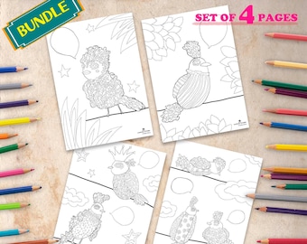 Bundle-B - 4 Printable Coloring Pages - Talking birds with the speech bubbles - for All Ages! Digital download product.