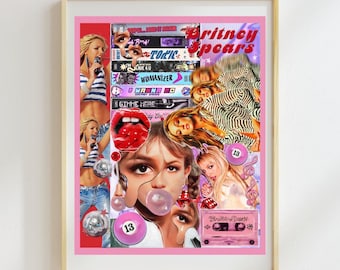 May include: A pink and red collage featuring images of Britney Spears, album covers, and cassette tapes. The text "Britney Spears" is written in pink and white letters. The collage includes the album titles "Toxic", "Womanizer", "Gimme More", and "I Wanna Go".