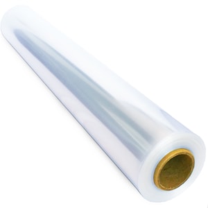 May include: A roll of clear plastic wrap, ideal for food storage and packaging. The wrap is transparent, allowing visibility of the contents. The core of the roll is a cardboard tube.