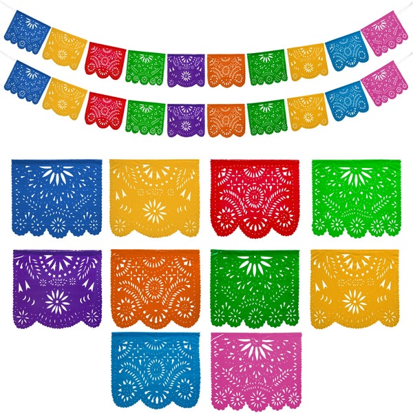 Mexican Party Banners (2 Pack with 10 Multicolor Plastic Flags per Banner) - Mexican Themed Party Decorations - Papel Picado Mexicano