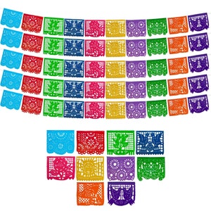 Mexican Party Banners (5 Pack with 10 Unique Plastic Flag Designs per Banner) - Papel Picado Banner - Mexican Themed Party Decorations