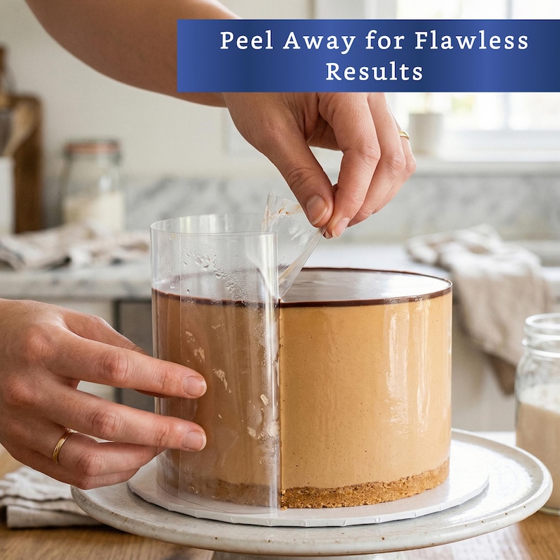 May include: A round cake with a light brown exterior and a dark brown top is shown with a clear plastic wrap being peeled away. The cake sits on a white cake stand. The text "Peel Away for Flawless Results" is in a blue banner above the cake.