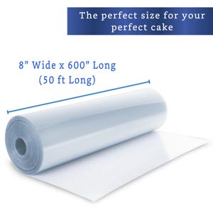 May include: A roll of white, food-safe material, 8 inches wide and 600 inches long (50 ft), unrolled on a white surface. Text at the top reads, "The perfect size for your perfect cake."
