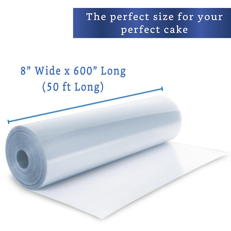 May include: A roll of white, food-safe material, 8 inches wide and 600 inches long (50 ft), unrolled on a white surface. Text at the top reads, "The perfect size for your perfect cake."