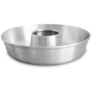 May include: Silver aluminum donut pan with a center tube. The pan has a smooth, brushed finish.