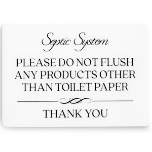 Septic System Do Not Flush Toilet Sign (White Acrylic 5 x 3.5 in) - Do Not Flush Sign for Bathroom - Airbnb Signs - VRBO Signs