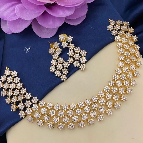 CZ gold finish neck set - indian imitation jewellery - indian necklace - lehenga jewellery - necklace set with  jhumka or Jimiki