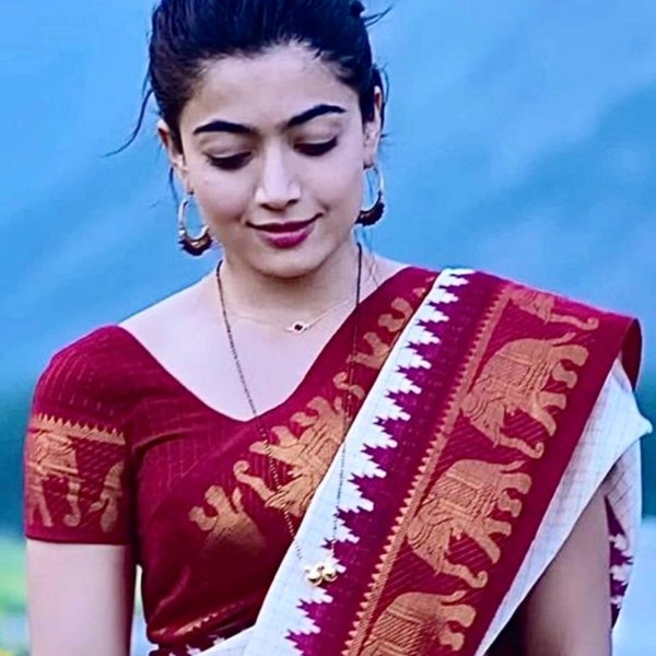 Sari blanc cassé - sari en coton Madurai Sungudi - sari à carreaux - coton pattu - sari paon pour femme - inspiré du film animalier rashmika