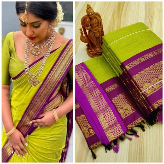 Parrot green and purple Kalyani Cotton Gatwal saree, soft and smooth cotton  pattu saree, cotton pattu saree