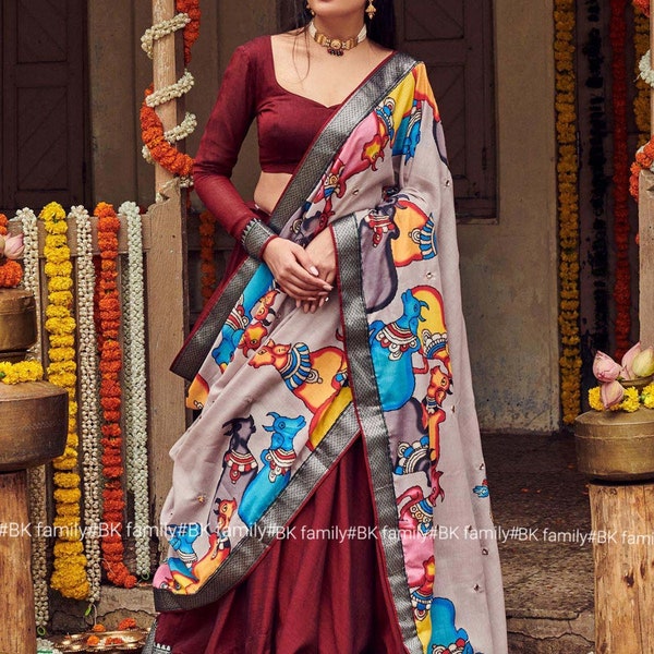 Shisha lehenga set half saree with Kalamkari Duppata, stitched pattu lehenga, pattu half saree ready to wear