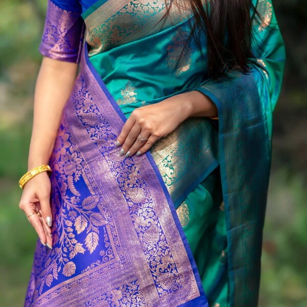 Sari Pattu bleu et turquoise - Sari de mariage - Spécial Pongal - Sari en soie pour femme en France