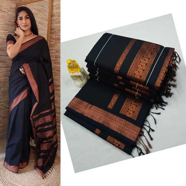 Bordure noire et cuivre Sari Kalyani Cotton Gatwal, sari en coton pattu doux et lisse, sari en coton pattu