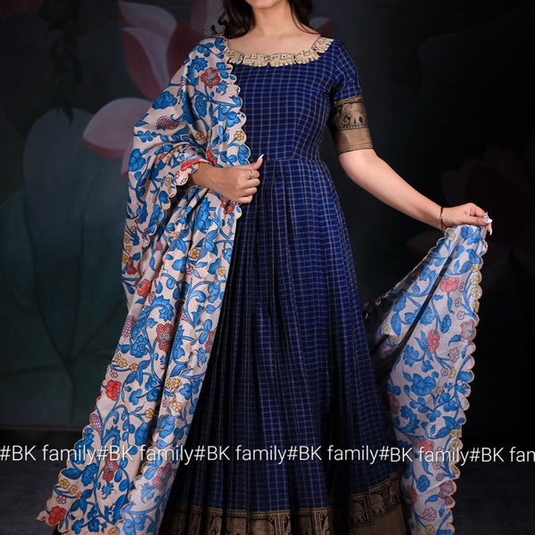 Blue Handloom Gajnandini Anarkali Dress - soft cotton pattu dress - indian wedding gown for women in UK